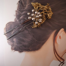 グレーパール　ゴールドベリー　簪　和装ヘア　花嫁髪飾り 2枚目の画像