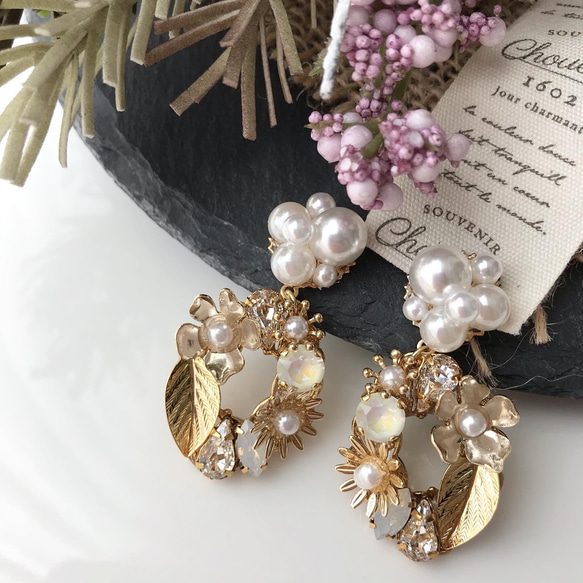 パール×ボタニカルピアス/イヤリング*前撮り*結婚式*大ぶり  