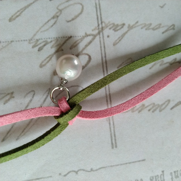 あこや本真珠の猫の首輪（緑×ピンク） 3枚目の画像