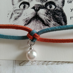 あこや本真珠の猫の首輪（青×オレンジ） 2枚目の画像