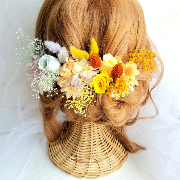 イエロー×パープル ラグラスとローズの髪飾り 成人式 結婚式 ドライフラワー 5枚目の画像