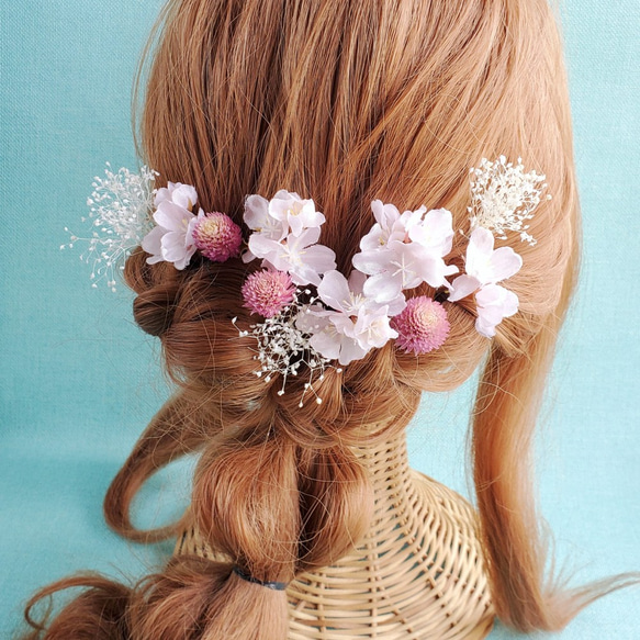 桜とかすみそう　シンプル　髪飾り　結婚式　成人式　卒業式　水引　ピンク　ヘア飾り 5枚目の画像