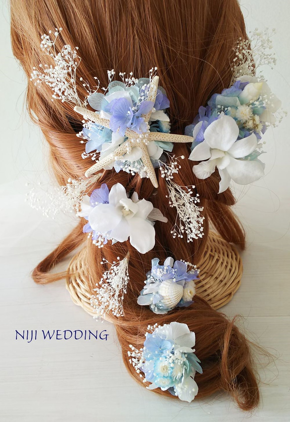 スターフィッシュ　ヘッドドレス 花 髪飾り 結婚式 蘭 ブルー ホワイト リゾート ウェディング 3枚目の画像