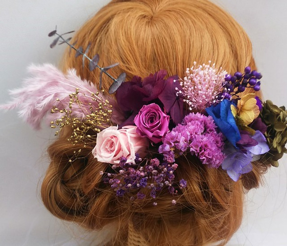 ローズとパンパスグラスの　アンティーク風　髪飾り　ドライフラワー　プリザーブドフラワー　成人式　結婚式 1枚目の画像