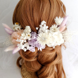 ほんのりピンク カスミソウ　デージー　髪飾り　結婚式　成人式　ウェディング　ヘットドレス 1枚目の画像