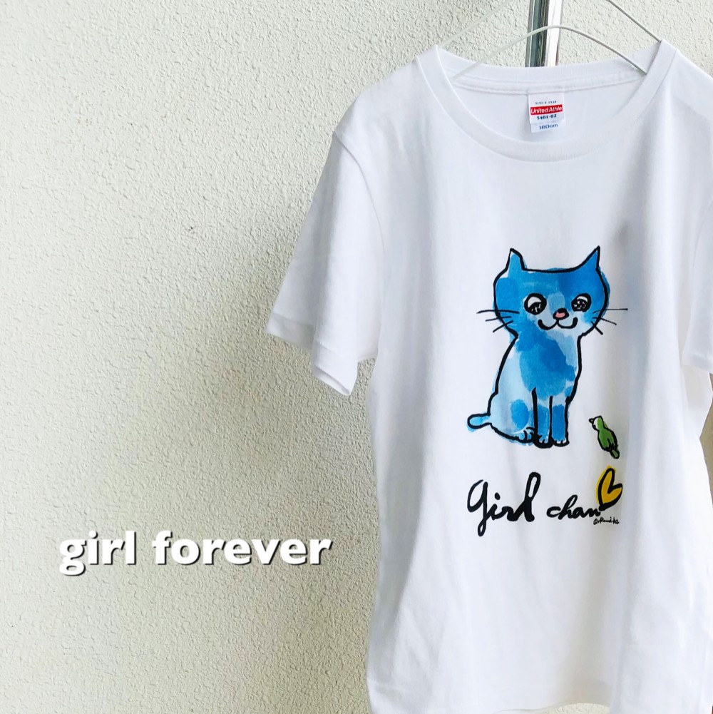 青い猫　自分を表現したいあなたへ。girlちゃんコットンTシャツ
