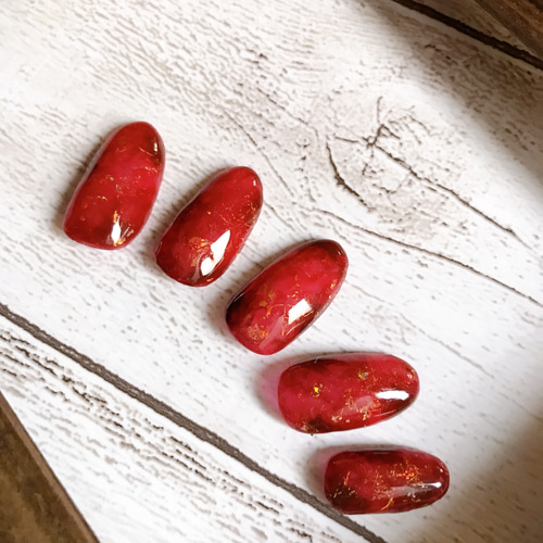 003 赤べっ甲 ボルドー 金箔 大人ネイル ネイルチップ 秋ネイル