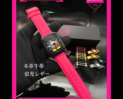 44mm⚫︎アップルウォッチ用ローズベゼル⚫︎蛍光ピンクレザーベルト 44mm⚫︎アップルウォッチ用ローズベゼル⚫︎蛍光ピンクレザーベルト
