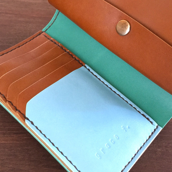 手帳のような財布／ターコイズ×キャメル×水色 3枚目の画像