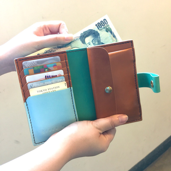 手帳のような財布／ターコイズ×キャメル×水色 5枚目の画像