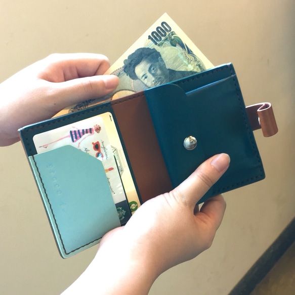 手帳のようなミニ財布／茶色×ブルー×水色〈カラー固定版〉 5枚目の画像