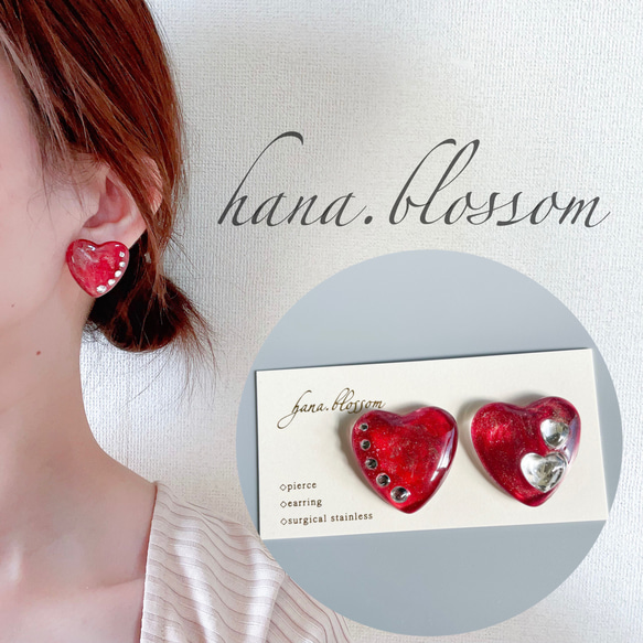 【特価】glass heart Valentine red Earrings 9枚目の画像