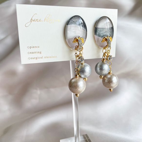 glas oval gray elegant perl Earrings 3枚目の画像