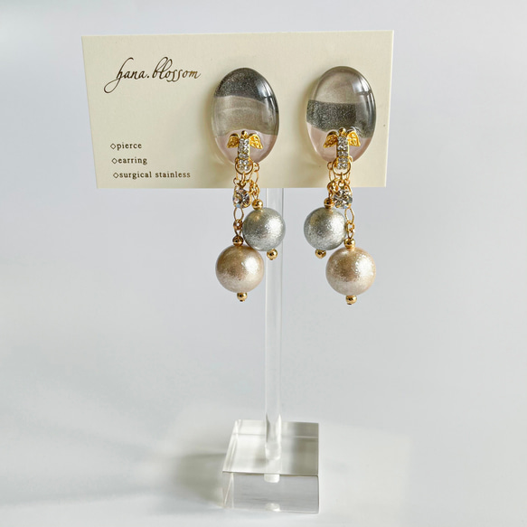 glas oval gray elegant perl Earrings 4枚目の画像