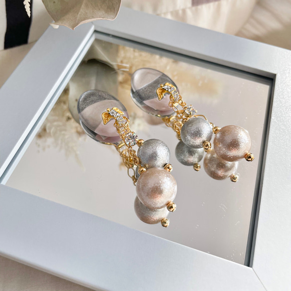 glas oval gray elegant perl Earrings 8枚目の画像