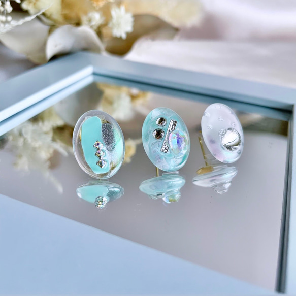 glass oval 3way mint green Earrings 6枚目の画像