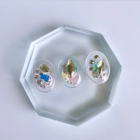 glass oval 3way nuance clear color silver Earrings ① 1枚目の画像