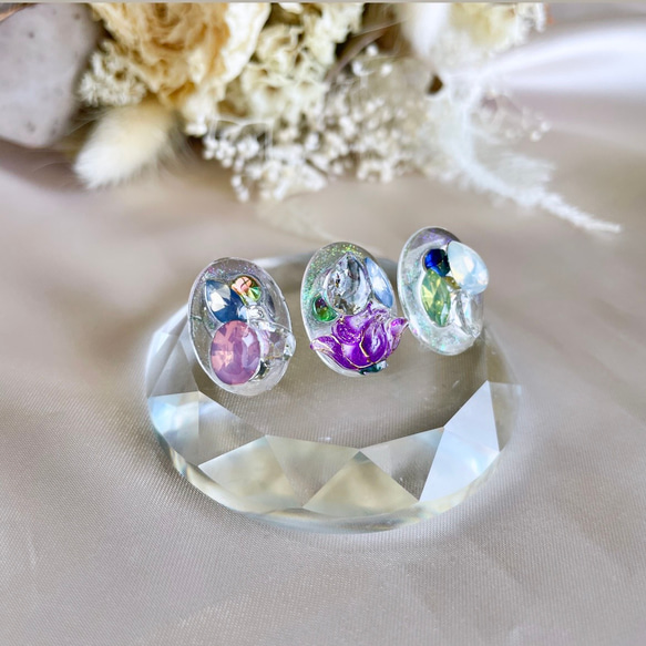 glass oval 3way fairy purple flower Earrings 1枚目の画像