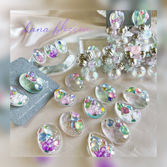 glass oval 3way fairy purple flower Earrings 10枚目の画像