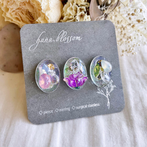 glass oval 3way fairy purple flower Earrings 6枚目の画像