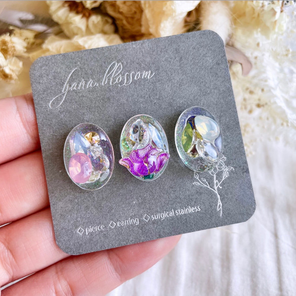 glass oval 3way fairy purple flower Earrings 7枚目の画像