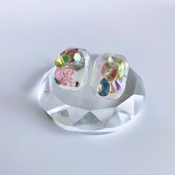 glass octagon fairy pink flower Earrings 6枚目の画像
