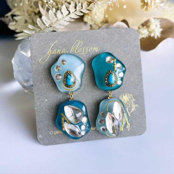 pentagon×pentagon glass turquoise Earrings 6枚目の画像