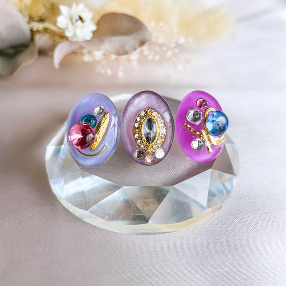 glass oval 3way grape gold Earrings 1枚目の画像