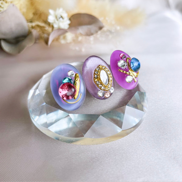 glass oval 3way grape gold Earrings 2枚目の画像