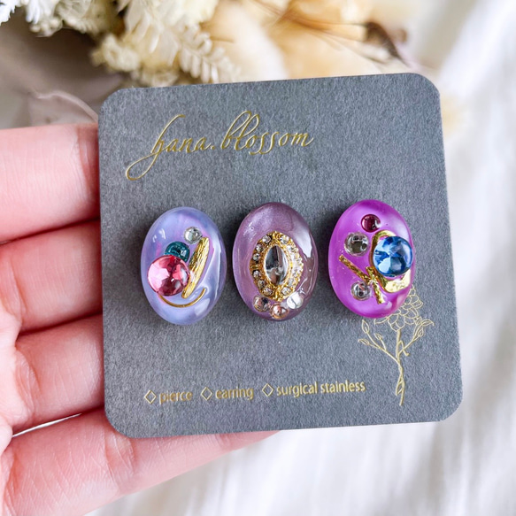 glass oval 3way grape gold Earrings 7枚目の画像