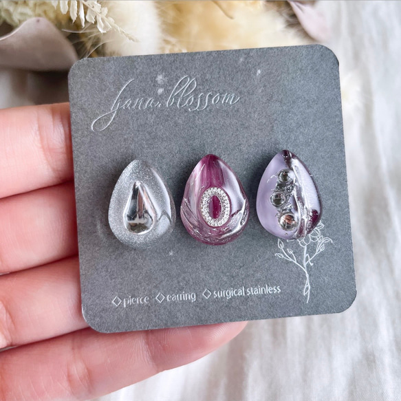 glass drop 3way nuance silver wine red Earrings 5枚目の画像