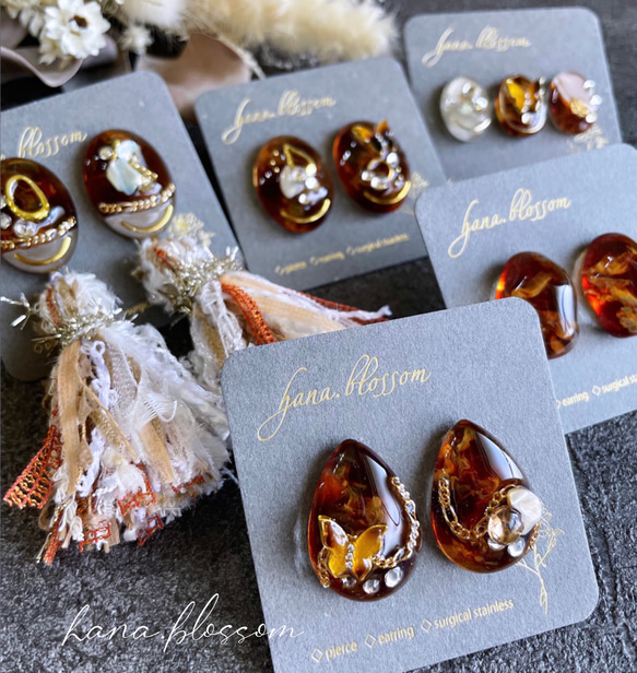 glass oval tortoiseshell tassel Earrings 10枚目の画像