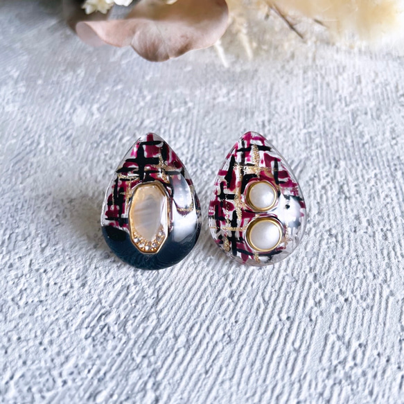 glass drop tweed bordeaux Earrings 3枚目の画像