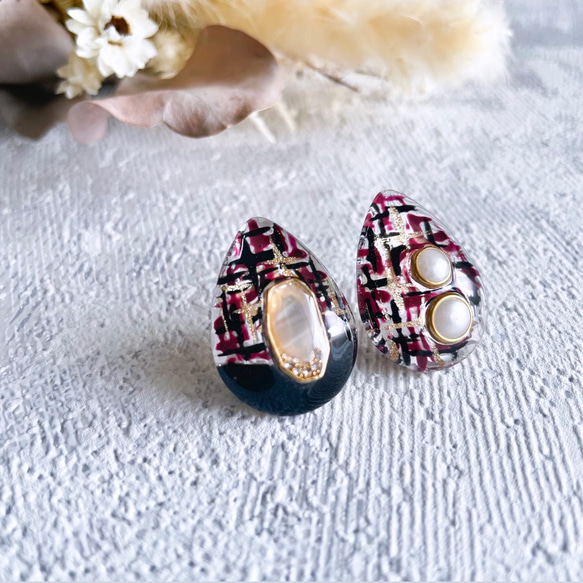 glass drop tweed bordeaux Earrings 4枚目の画像