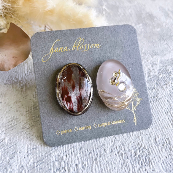 glass oval brown leopard Earrings 2枚目の画像