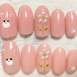 うさぎ 動物 ネイルチップ ピンク フラワー 花 ニュアンスネイル