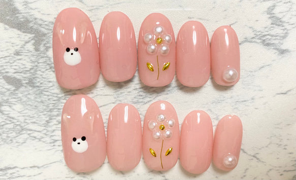 うさぎ 動物 ネイルチップ ピンク フラワー 花 ニュアンスネイル