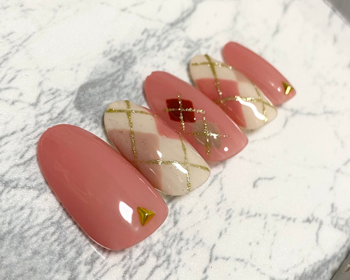 【着画あり】くまネイル　アーガイル柄ネイル　癒しネイル　シンプルネイル 着画あり】くまネイル アーガイル柄ネイル 癒しネイル シンプル