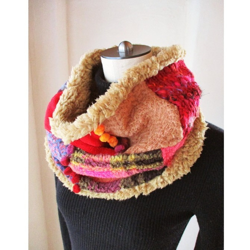 絵画なパッチワーク♥手編み+♥エクリュ♥ふわふわエコファー