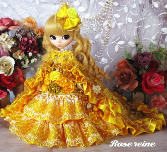 soldB様ご予約品アンネローゼ王妃 咲き誇るイエローゴールドの輝き 魅惑のボンネットロングトレーンドールドレス 7枚目の画像