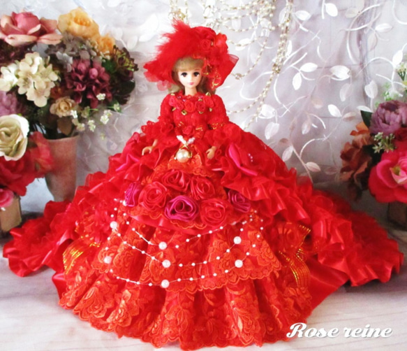 sold ke様ご予約品 アンネローゼ麗しの王妃 イタリアンレッド情熱のグラデーションロングトレーンドールドレス 1枚目の画像