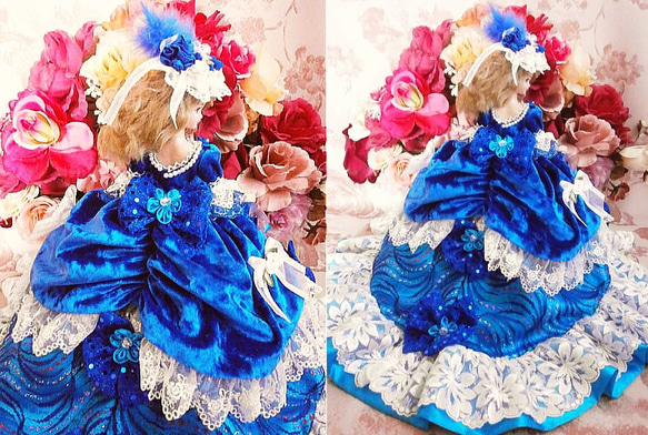 ドール服 着せ替え 薔薇のロイヤル プリンセス ドレス ブルー 4枚目の画像