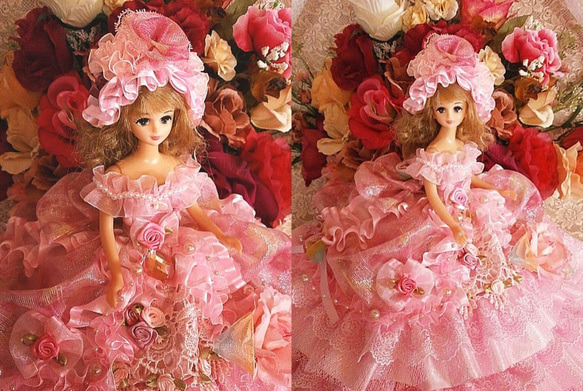 SOLD ドール服 着せ替え 煌く薔薇 スイートドレスのお姫様 ピンク フリル  タッキングドレープ 4枚目の画像
