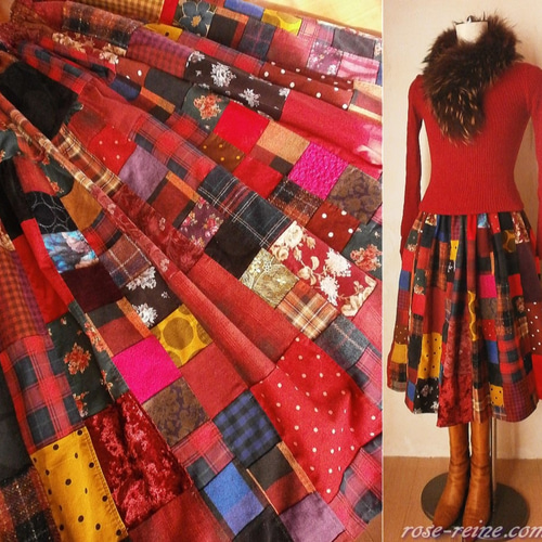 受注作品 絵画なパッチワーク ボリューム ギャザースカート ブーツ丈