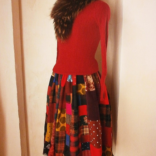 受注作品 絵画なパッチワーク ボリューム ギャザースカート ブーツ丈