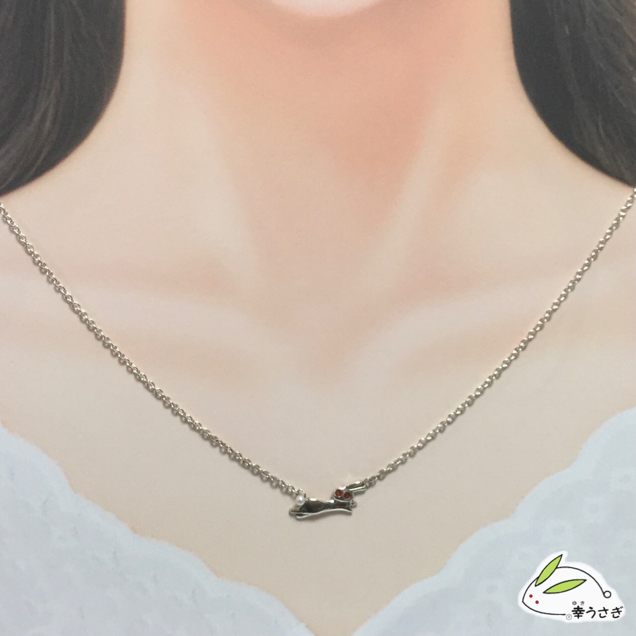 No.68 横向き跳ねうさぎネックレス_赤目 （sv925・メッキ無・パール・レジン）