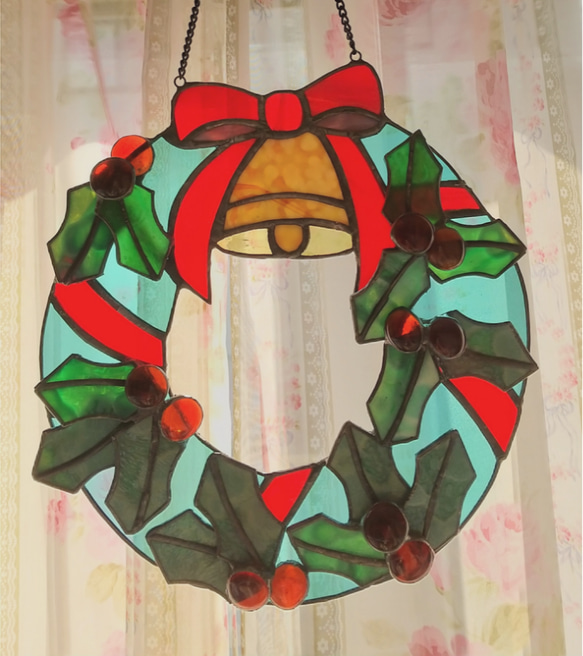 受注作品 ステンドグラス クリスマス リース ステンドグラス