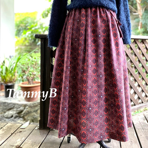着物リメイク ロングスカート 着物リメイクギャザーロングスカート - kimono elastic waist