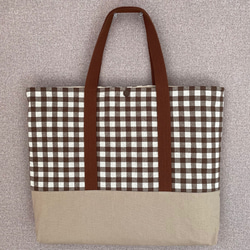入園入学グッズ　レッスンバッグ　手提げ袋　綿麻キャンバス生地チェック柄ブラウン×ベージュ 2枚目の画像