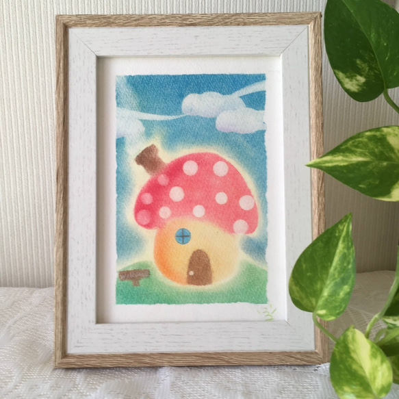 【絵画】きのこのおうちへようこそ！《ポストカード+おまけ付》 自然　きのこ　秋　癒し　ヒーリング パステルアート 1枚目の画像